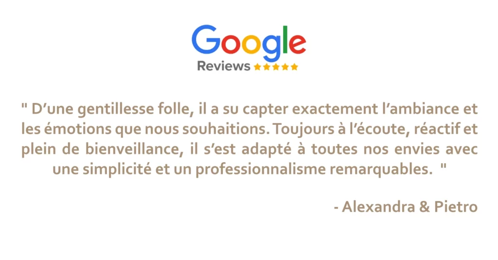 D’une gentillesse folle, il a su capter exactement l’ambiance et les émotions que nous souhaitions. Toujours à l’écoute, réactif et plein de bienveillance, il s’est adapté à toutes nos envies avec une simplicité et un professionnalisme remarquables.